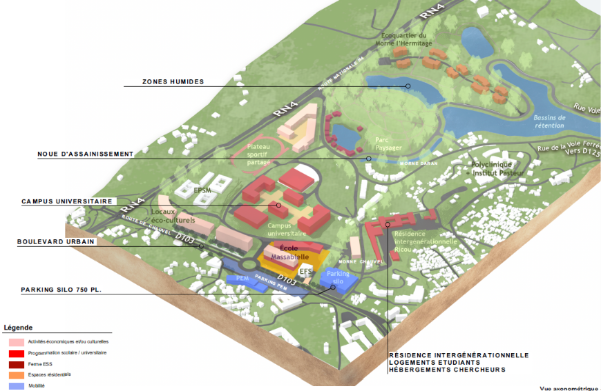 Vue axonométrique du projet de reconversion du site du CHU de Chauvel : campus universitaire, boulevard urbain, parking silo, zones humides et espaces résidentiels